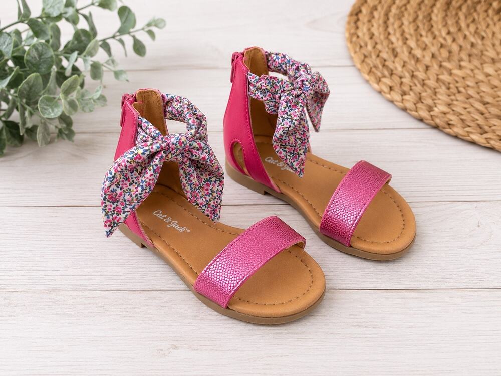 Cat & Jack Girls Pink Floral Bow Ankle Strap Sandals Back Zip Size 8